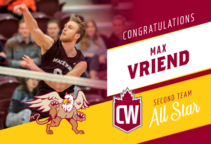 Max Vriend is the first player in program history to make a Canada West all-star team, netting second team honours after a tremendous 2019-20 season when he led the conference in kills and kills per set (Robert Antoniuk photo).