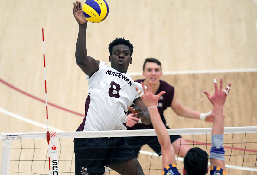 MacEwan rookie Olamide Ajayi elevates for a kill on Saturday night. He showed some flashes of brilliance against UBC, but the Griffins just didn't have enough to hang with one of the top teams in the country (Eduardo Perez photo).