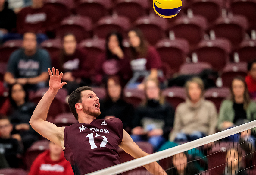 Mark Alexander elevates for a kill attempt in action earlier this season. He is coming off a big game against Saskatchewan last weekend (Robert Antoniuk photo).