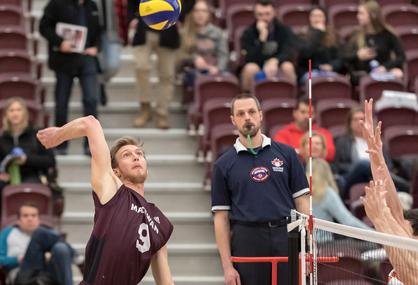 Max Vriend led the Griffins with 20 kills as they beat the MRU Cougars 3-2 in their season opener on Friday (Chris Piggott photo).