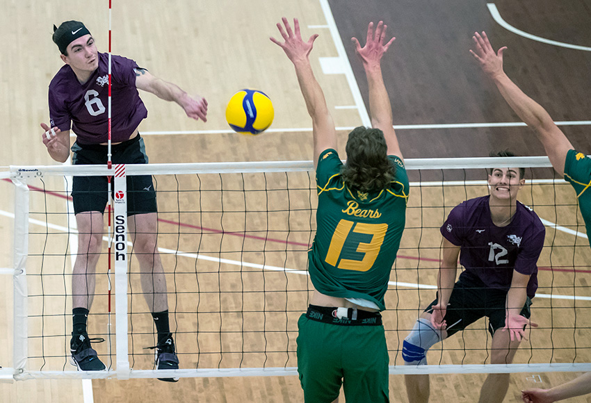 Ethan Nashim, seen hitting against Alberta last weekend, led the Griffins with 14 kills in just three sets against the Calgary Dinos on Friday (Eduardo Perez photo).