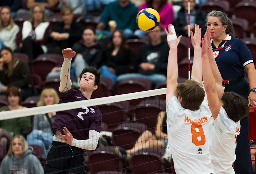 Mitchel Gorman co-led the Griffins with 15 kills, adding a match-high 16 digs in MacEwan's 3-1 win over Thompson Rivers (Robert Antoniuk photo).