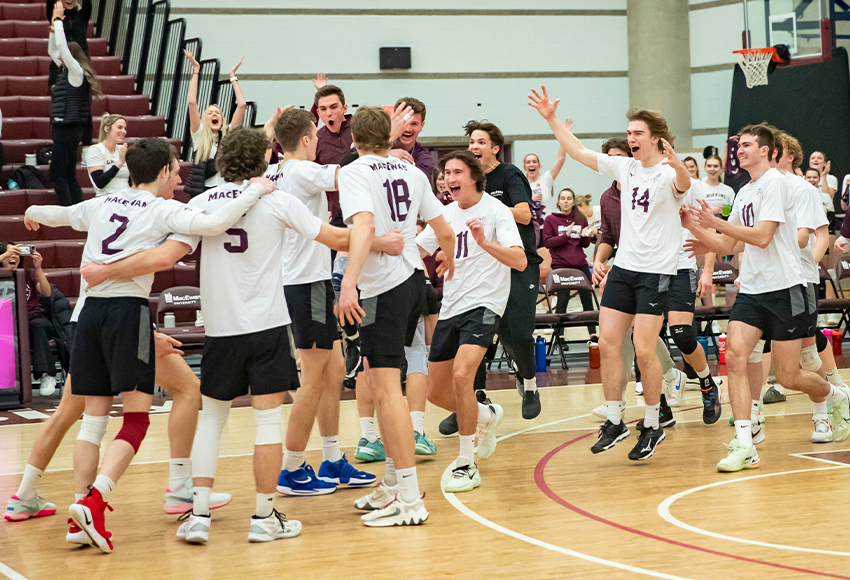 Griffins players pour onto the court after a huge 3-2 win over UFV on Saturday (Eduardo Perez photo).