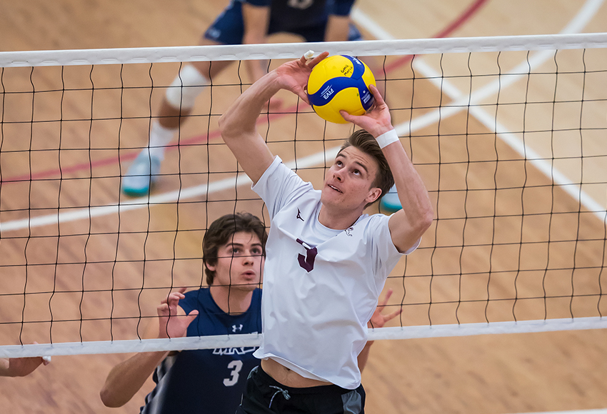 Griffins' setter Alexander Lyndon tied Max Vriend's single season program record, reaching 19 service aces with two against the Mount Royal on Saturday (Robert Antoniuk photo).