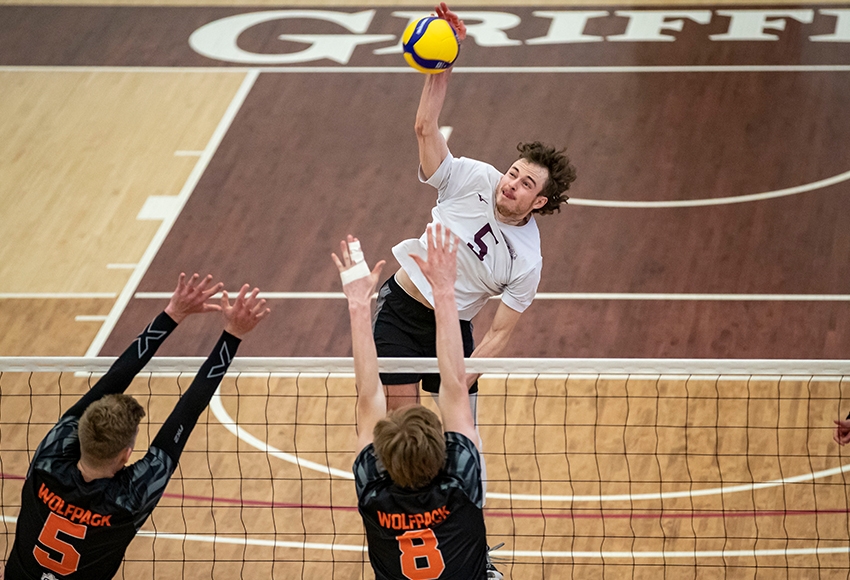 Jefferson Morrow and the MacEwan Griffins men's volleyball team head into a weekend series at UBC Okanagan off two big wins against Thompson Rivers (Eduardo Perez photo).