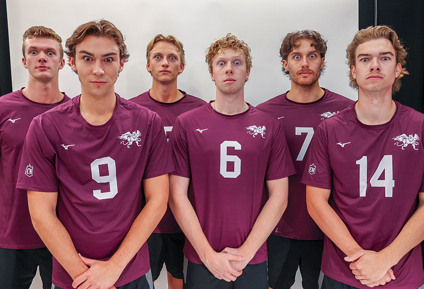 Griffins veterans Jonah Karsten, Mason Moore, Owen Johnson, Aidan McLennan, Mason Natras and Daylan Andison will lead MacEwan into their home opener vs. Trinity Western this weekend (Jefferson Hagen photo).