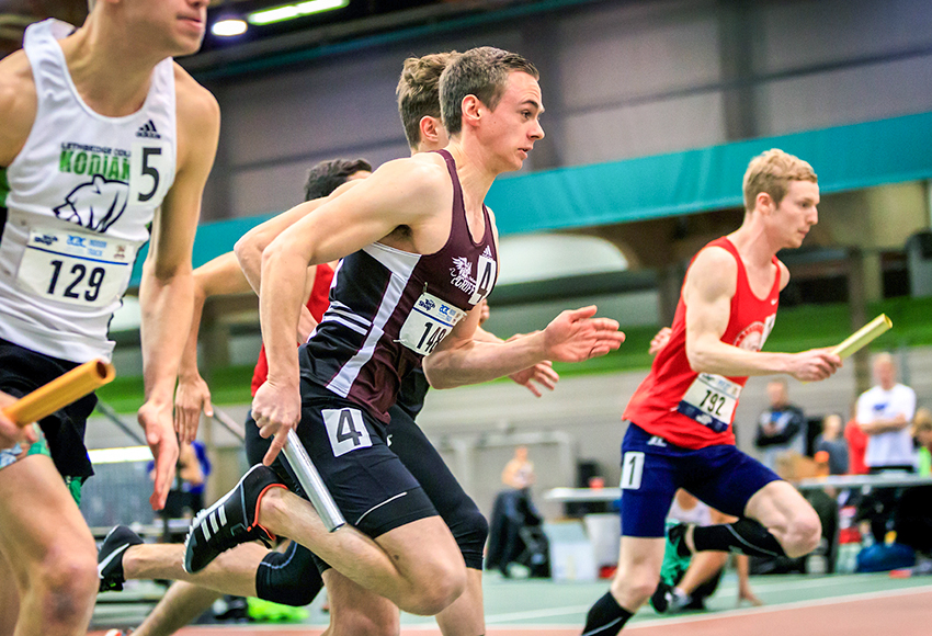 MacEwan's Thomas Cross-Trush, centre, and SAIT's Brent Stephen, right, have both held the ACAC men's 300m record over the past two seasons. Stephen just snatched it away from Cross-Trush last month (Robert Antoniuk photo).