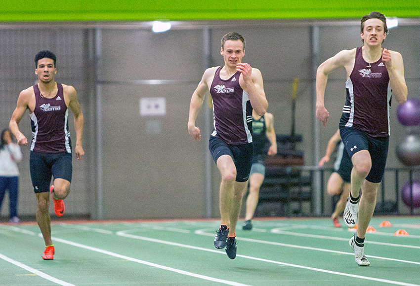 Caelen Begg (right) leads a MacEwan podium sweep of Thomas Cross-Trush (middle) and Connor Swaby (left) in the men's 300m at January's MacEwan Invitational. The Griffins' strong men's sprint group will be back in action on Saturday at the Butterdome (Robert Antoniuk photo).