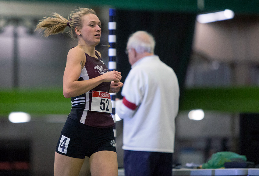 Ember Large runs at the 2019 MacEwan Invitational. She enters this year's meet on Saturday as the reigning ACAC female indoor track athlete of the year (Robert Antoniuk photo).