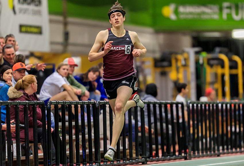 Caelen Begg, seen competing during the MacEwan Invitational last month, ran the men's 300 in 35.65 during qualifying at the Pandas Open, just 0.04 off the ACAC record (Robert Antoniuk photo).