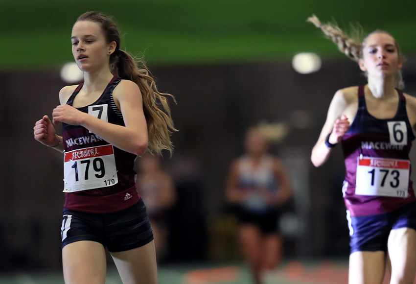 Ashley Tymkow, left, just beats teammate Kiana Row to the line in the women's 3000 metres at the MacEwan Invitational on Saturday at Kinsmen Fieldhouse. Both runners had a strong event for the dominant Griffins women's team (Robert Antoniuk photo).
