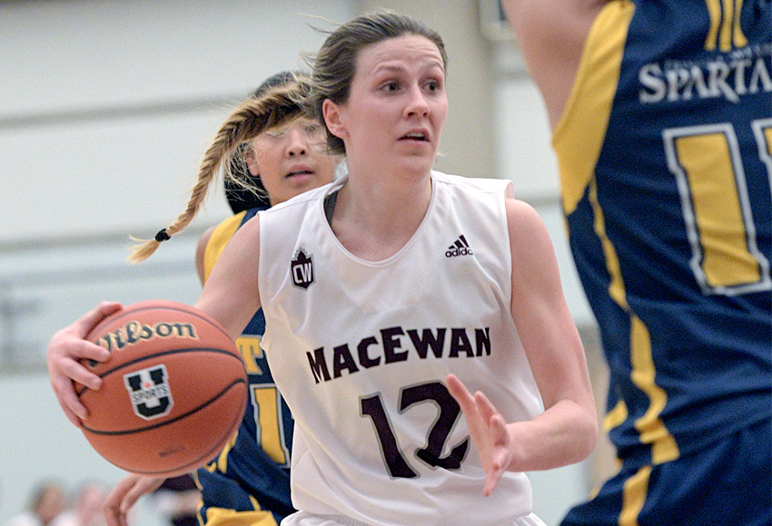 Kayla Ivicak had 20 points and 11 rebounds against Trinity Western on Friday for her ninth double-double of the season - a new MacEwan Canada West record (Chris Piggott photo).
