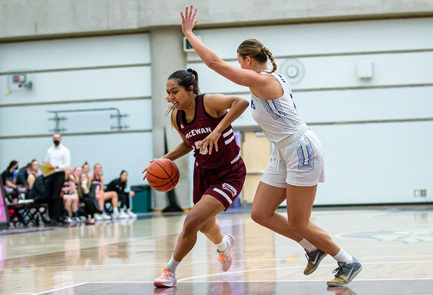 Darian Mahmi drives the lane against Lethbridge during a game earlier this month. She's one of four graduating seniors being celebrated by the Griffins this weekend (Eduardo Perez photo).