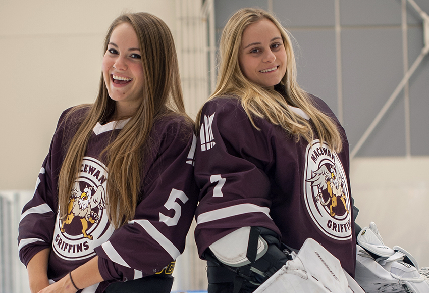 Katresa Shwetz, left, and Sandy Heim are two of five graduating players the Griffins will honour prior to their final ACAC game of the regular season on Saturday night (Len Joudrey photo).