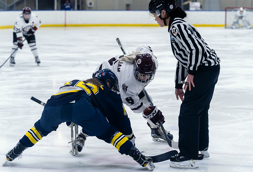Jill MacWilliam takes a faceoff during the ACAC Championship final series against NAIT last season. She is one of 20 returning players on the Griffs (Matthew Jacula photo).