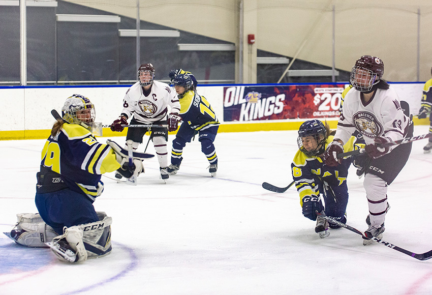 Chantal Ricker and Morgan Casson combined on two of MacEwan's goals in a 3-1 win over Kaitlyn Slator and the NAIT Ooks on Friday night (Joel Kingston photo).