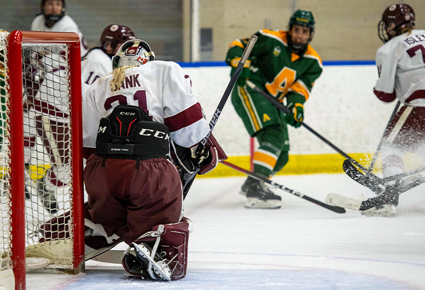 Brianna Sank made 29 saves but the Griffins couldn't muster much of an offensive attack in a 4-0 loss to the Pandas in their season opener on Friday night (Derek Harback photo).