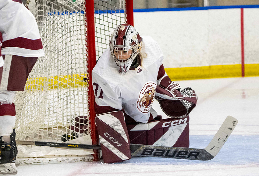 Brianna Sank made 36 saves and the Griffins earned a point in the standings after losing 1-0 to Alberta in overtime (Derek Harback photo).