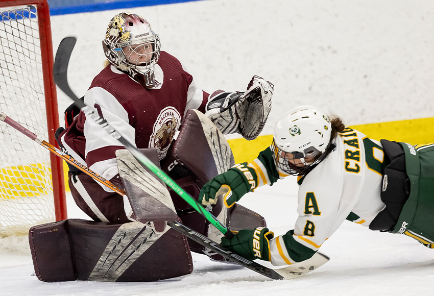 Lindsey Johnson stopped 30 of 32 shots for the Griffins in a 3-0 loss to Alberta, which included an empty-netter (Rebecca Chelmick photo).