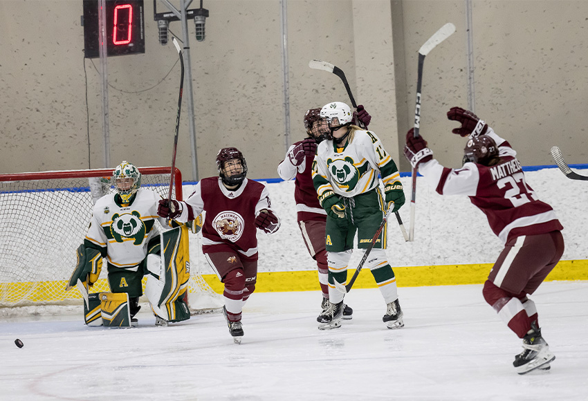 Letta Mattheos celebrates her third-period goal against the Alberta Pandas on Friday night (Rebecca Chelmick photo).