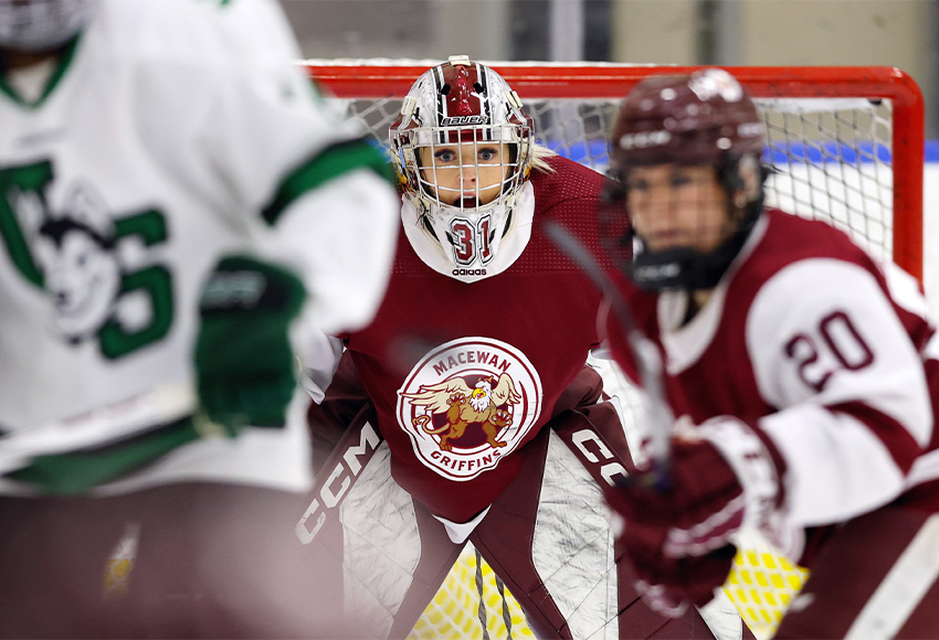 Brianna Sank was in top form as she got the Griffins into overtime before they lost 1-0 to the Saskatchewan Huskies (James Maclennan photo).