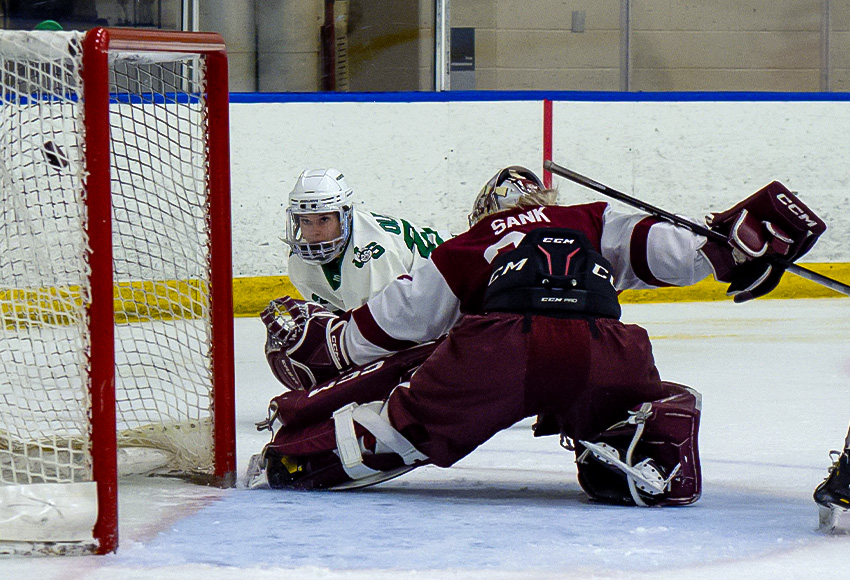 Paris Oleksyn scores past a sprawling Brianna Sank for Saskatchewan's second goal of the game on a power play (Derek Harback photo).