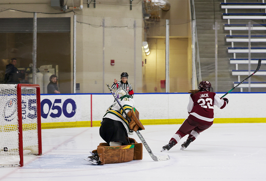 The Griffins thought they'd won on Sydney Jack's shootout goal after Lindsey Johnson stopped all three of Regina's shootout attempts, only to have the ref rule she left the line too early on the third attempt. The Cougars scored on the redo and later won the game in the sixth round of the shootout (Jefferson Hagen photo).