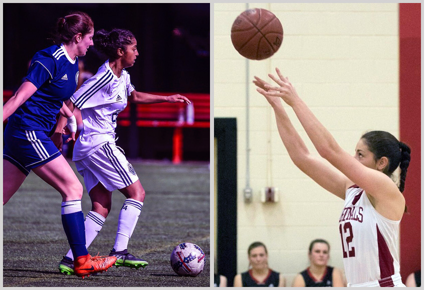Calgary's Sofia DiGiacomo is a high-performance athlete in both soccer, left, and basketball. She has committed to play both sports at MacEwan, starting in the 2019-20 season.