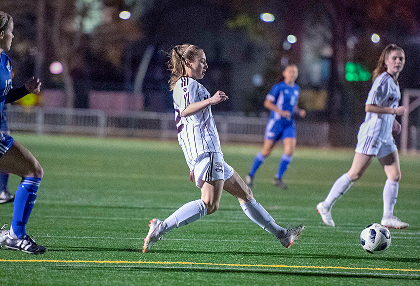Salma Kamel dishes off a pass during Friday's match against UBC-Okanagan at Clarke Stadium. She had two assists to pace MacEwan's offence in a 4-1 victory (Chris Piggott photo).