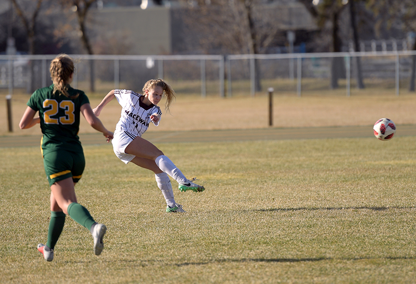 Raeghan McCarthy hits the top corner from 30 yards out for her second goal of the game in the 44th minute on Friday. MacEwan won 4-0 over Regina to advance to Sunday's quarter-final match against Alberta (Chris Piggott photo).