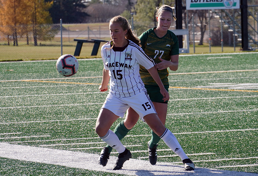 Maya Morrell had a goal and an assist against the Regina Cougars on Sunday, leading MacEwan to a 2-1 victory that wound up securing top spot in the Prairie Division (Ben Berger / URegina photo).
