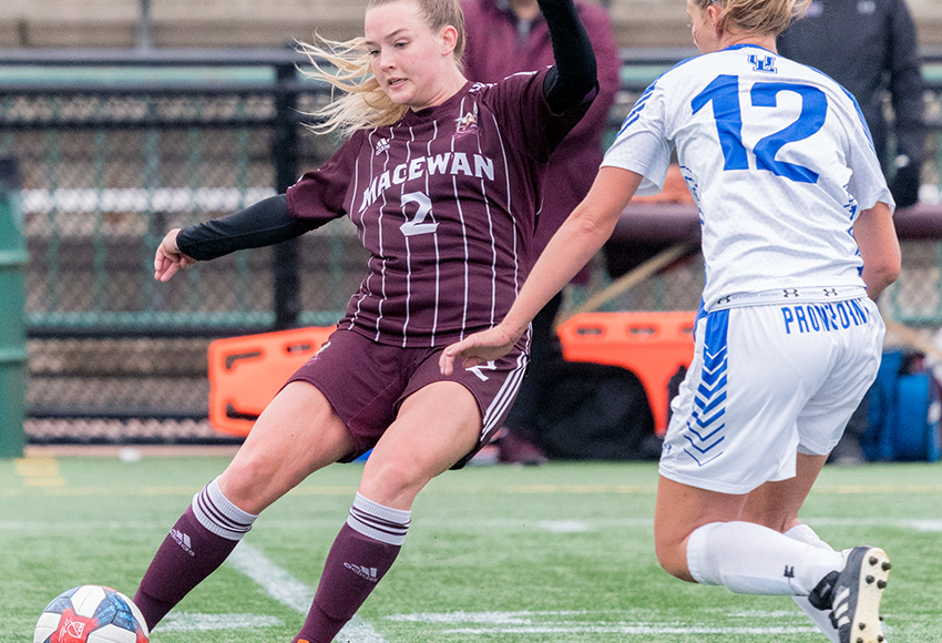 Meagan Lemoine moves the ball past a Pronghorns defender during a Sept. 8 meeting between the teams. MacEwan dominated that contest, but settled for a scoreless draw - a result that will be in the back of their minds when the teams meet again this Saturday in Lethbridge (Chris Piggott photo).