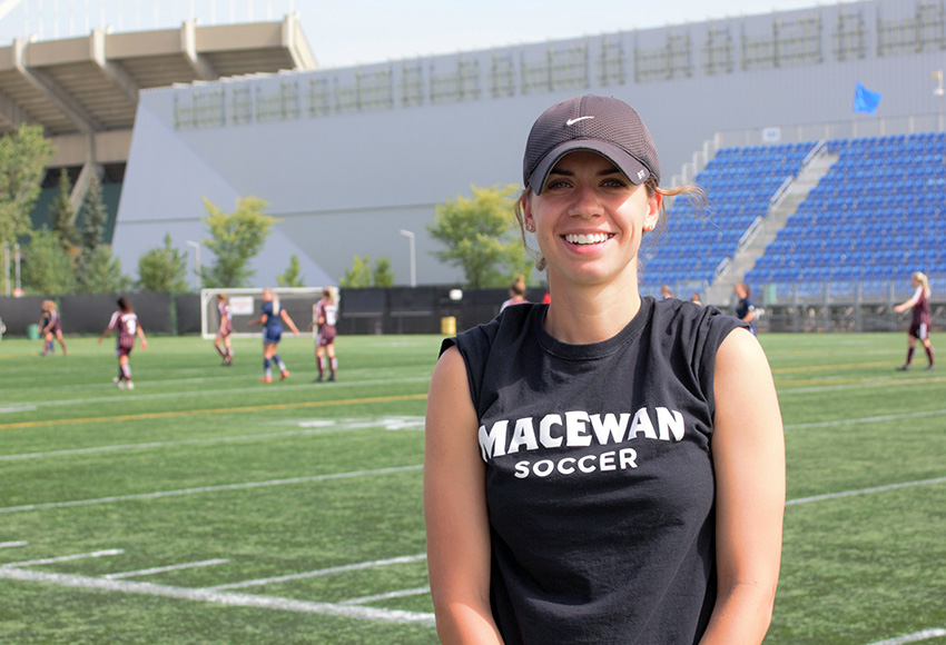 Erika Vecchio is back with the Griffins women's soccer team four years after graduating from the program. This time, she's in an assistant coach role, mentoring MacEwan's midfielders (Jaelyn Birch photo).