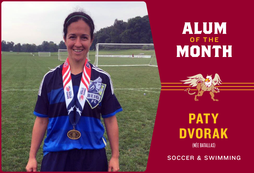 Paty Dvorak, seen celebrating a bronze medal at the 2014 World Police & Fire Games with the Alberta female police soccer team, still plays the game more than two decades after starring for the Griffins (Courtesy, Paty Dvorak).