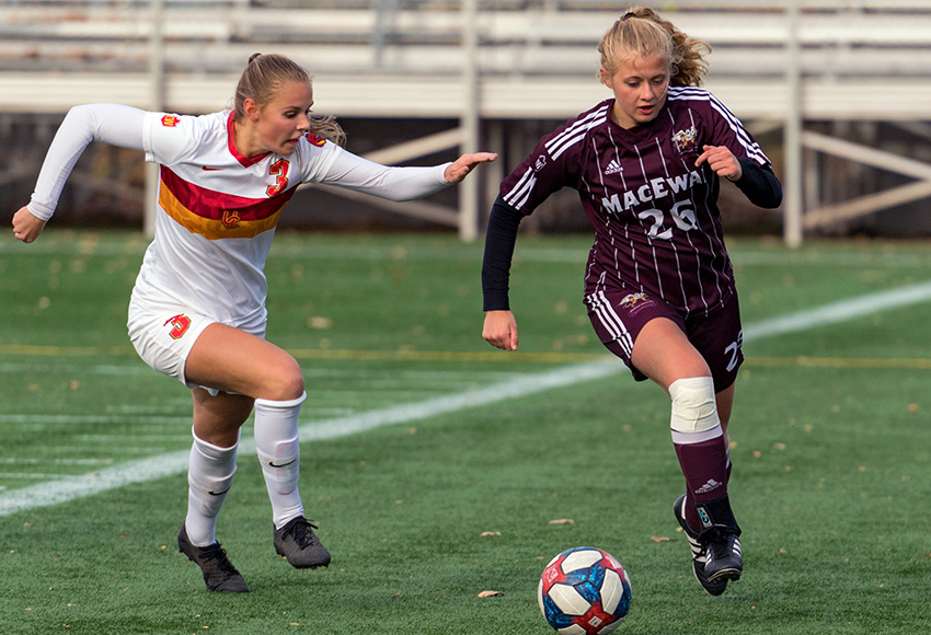 Hannah Supina runs past a Calgary defender during their 2019 Canada West semifinal match at Clarke Stadium. The two rivals will meet for the first time since on Sept. 12 (Chris Piggott photo).
