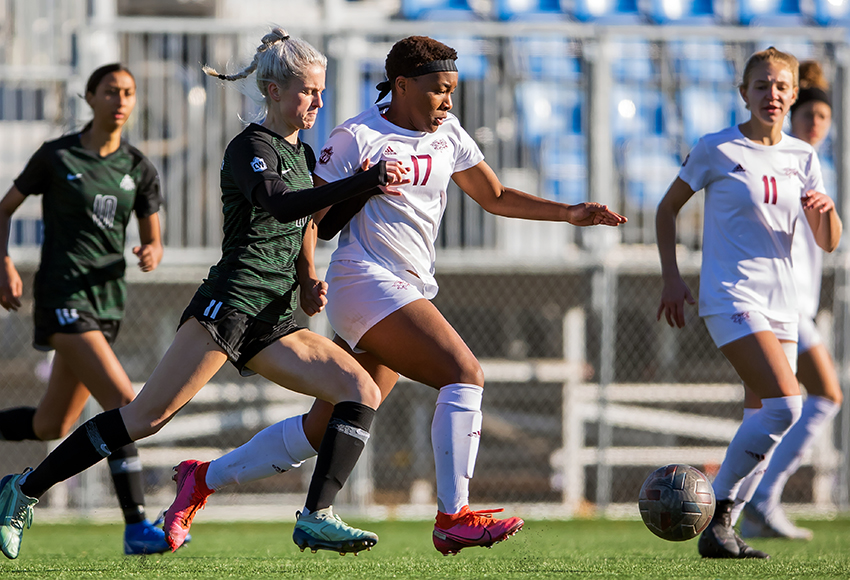 Grace Mwasalla, seen in action against the UFV Cascades in the Canada West quarter-finals, led the Griffins in scoring as a rookie with five goals and eight points in 12 regular season games (Robert Antoniuk photo).
