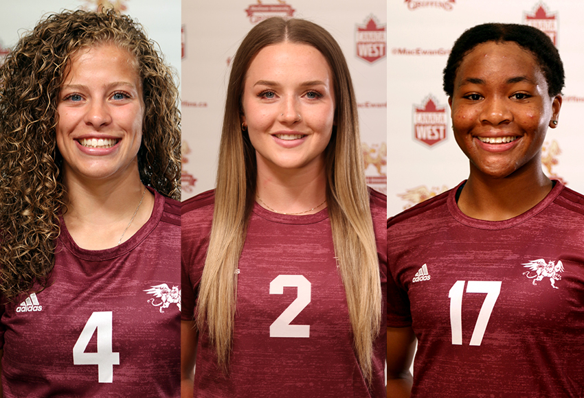 Samantha Gouveia, left, Meagan Lemoine and Grace Mwasalla were named to Canada West all-star and all-rookie teams on Friday.