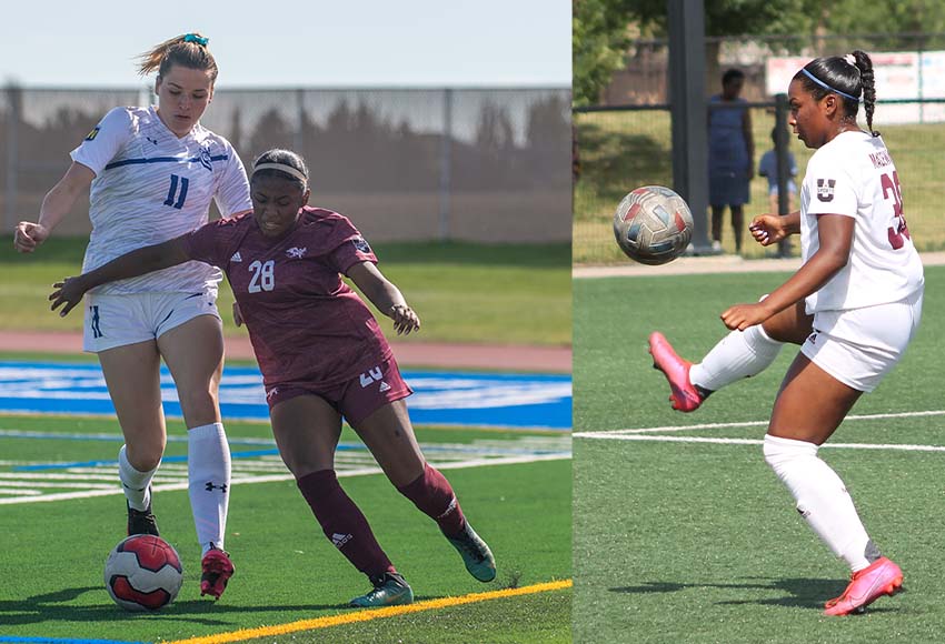Selynna, left, and Marina Simao joined the Griffins women's soccer team as rookies in 2022 (Lethbridge Sports photo, left; Jefferson Hagen photo, right).