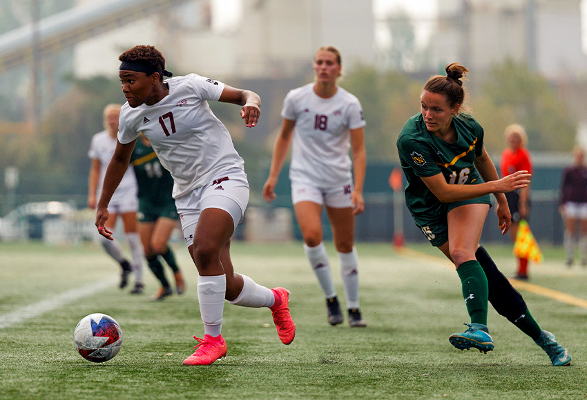 Grace Mwasalla recorded three goals - including two game-winners - an assist and eight shots in MacEwan's first two opening games (Joel Kingston photo).