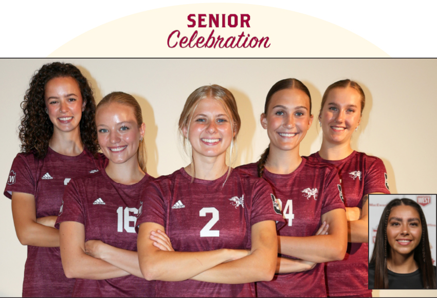 Mimi Vignjevic, left, Abbey Wright, Hannah Supina, Avery Brisebois, Maya Morrell and Bianca Castillo (inset) will be feted after Sunday's game vs. Alberta as part of Senior Day (Jefferson Hagen photo).