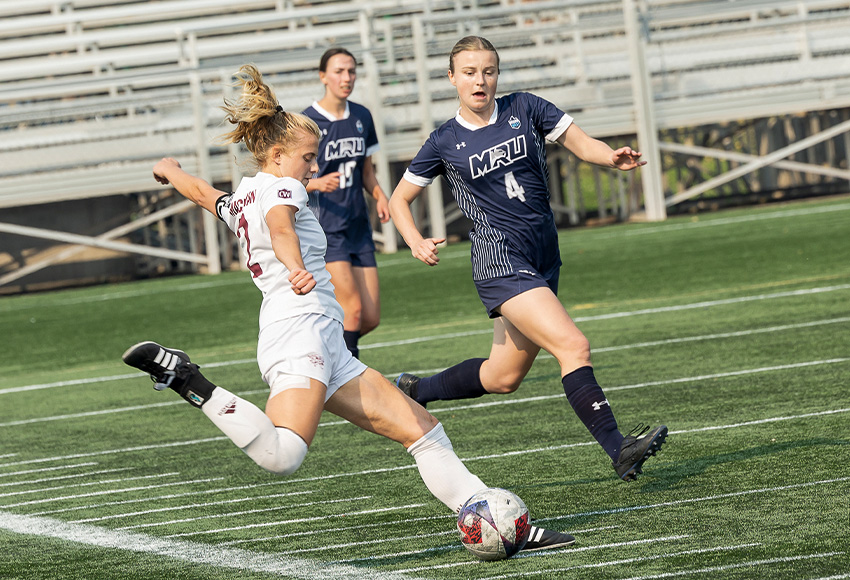 Hannah Supina launches a shot against Mount Royal during their Sept. 16 match. The contest, postponed in the 35th minute with MacEwan up 2-0 due to air quality, will resume on Sunday (Rebecca Chelmick photo).