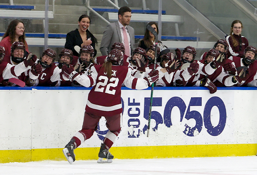 Sydney Jack, seen celebrating with the Griffins' bench after scoring in the shootout on Friday, scored two more times in Saturday's shootout, delivering victory for MacEwan (Jefferson Hagen photo).