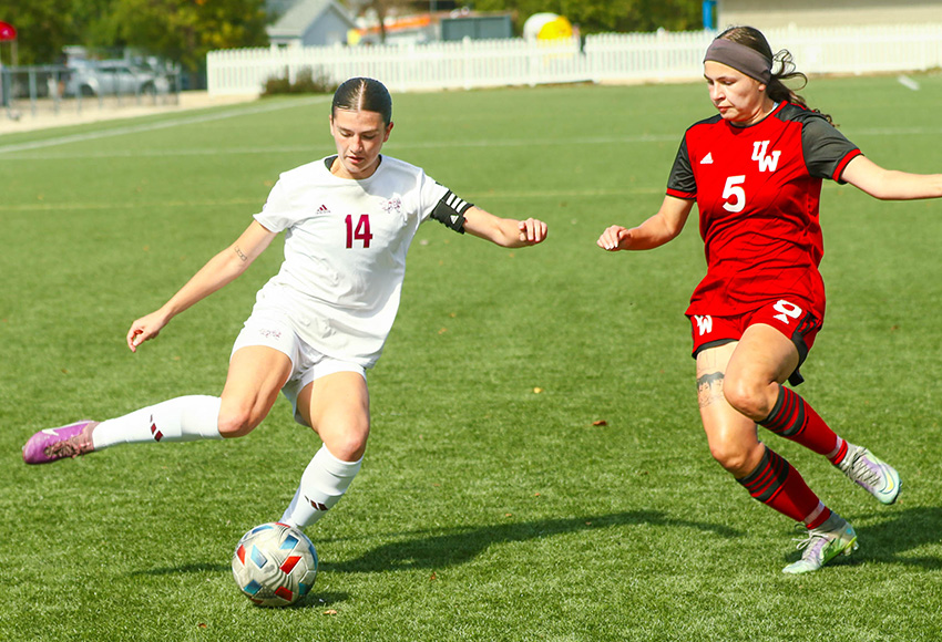 Anneke Odinga produced two points and a gem of a defensive performance to lead MacEwan to a 5-0 win over the Winnipeg Wesmen (David Larkins photo).