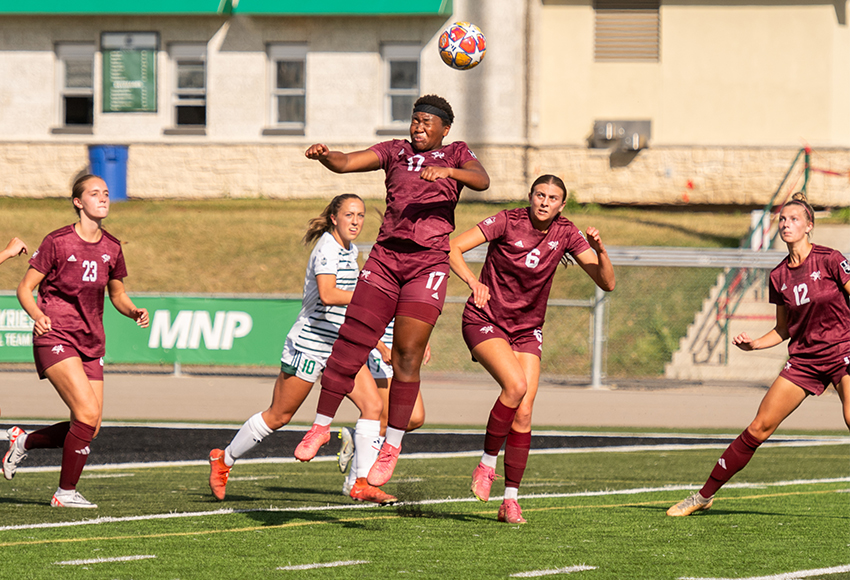 Grace Mwasalla scored and added an assist to become the program's career Canada West points leader as the Griffins tied the Saskatchewan Huskies 2-2 in their season opener on Saturday (Electric Umbrella photo).