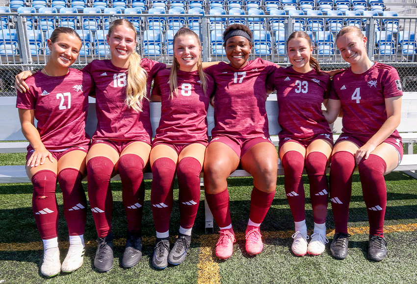 Mariah Arnott, left, Alyx Henderson, Brenna Paquin, Grace Mwasalla, Grace Schimpf and Nicole Noble form the Griffins' 2024 graduating class. They will be honoured following Saturday game at Clareview Field (Jefferson Hagen photo).