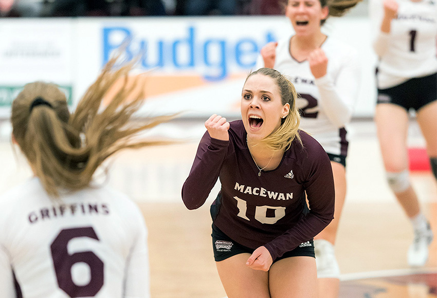 Zoe Cronin and the MacEwan Griffins have their first win of the Canada West season at last, beating the Saskatchewan Huskies 3-2 on Friday night (Chris Piggott photo).