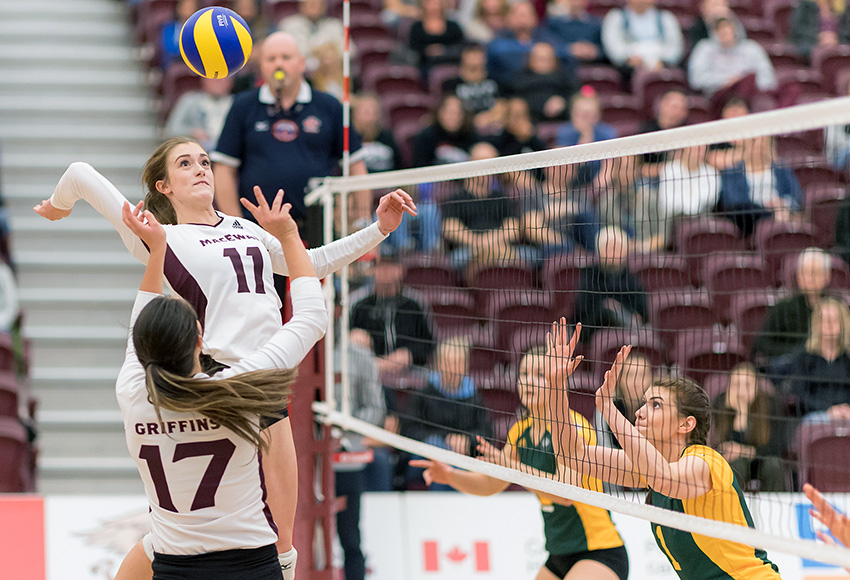 McKenna Stevenson gets a quick-hitter off in the middle against Alberta earlier this season. On Saturday, she was the Griffins' best player with eight kills and 10 blocks (Chris Piggott photo).