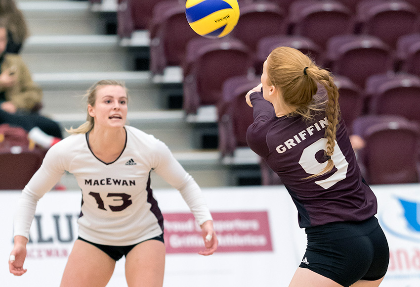 Cassidy Kinsella looks for a pass from Karly Edgar during a recent game. She led the Griffins with 10 kills, but they fell 3-0 at Manitoba on Friday night (Chris Piggott photo).