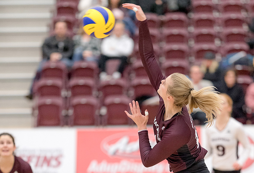 Cassidy Kinsella had a game-high 17 kills for the Griffins in a 3-1 loss at Calgary on Saturday night, moving her into second place on the Canada West career list (Chris Piggott photo).