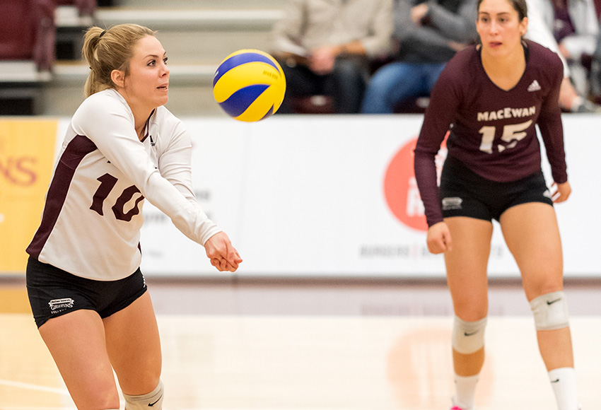 Zoe Cronin, left, has 481 career digs for the Griffins - the fourth most in MacEwan's Canada West history (Chris Piggott photo).